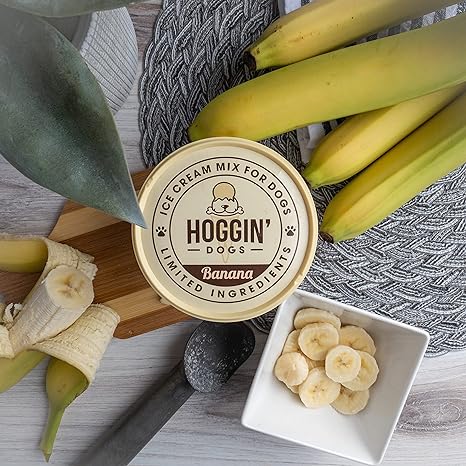 Bananas, a spoon, and a container of Hoggin Dog Ice Cream Mix for dogs, ready for a tasty treat