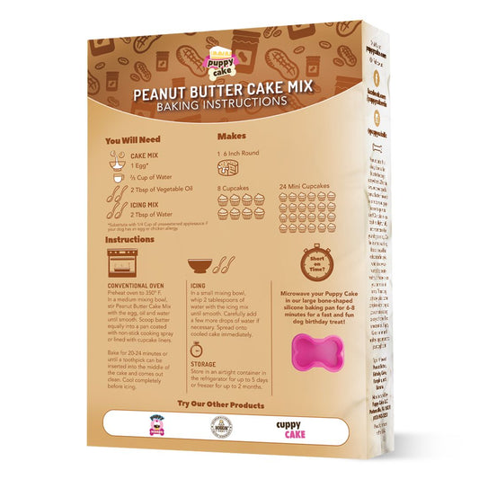 Peanut butter cake mix packaged in a colorful box, featuring images of cake and peanut butter on the front