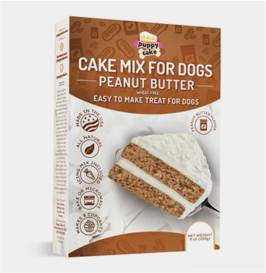 Box of peanut butter cake mix for dogs, designed for creating delicious homemade dog treats.