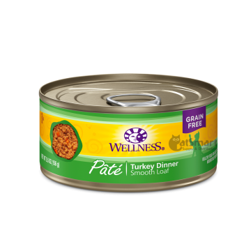 Turkey dinner wellness pate canned cat food for cats, part of a health variety selection in cans.
