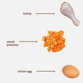 Load image into Gallery viewer, A display of turkey, sweet potatoes, and an egg, highlighting the Sojos Complete Turkey Recipe for adult pets.