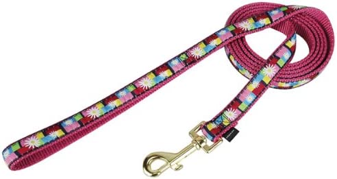 A pink dog leash with a floral design, called Daisy Block Leash, ideal for adding charm to pet walks.