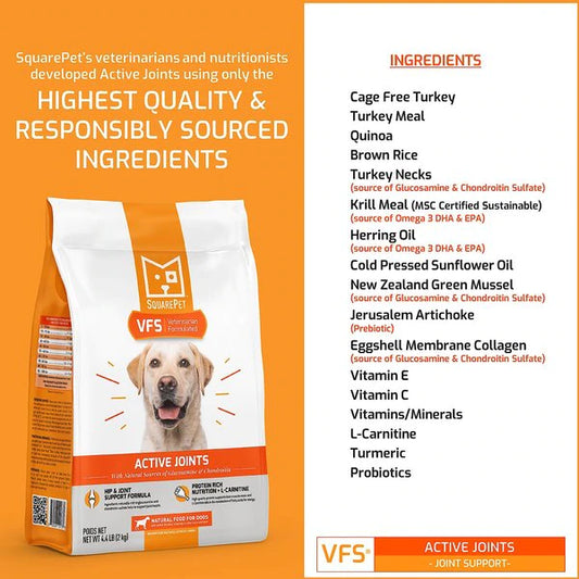 Dog food label for SquarePet VFS Active Joints, featuring ingredients for Hip & Joint Formula Dry Dog Food.