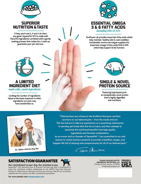 Back of a dog food poster featuring nutritional information and feeding guidelines for pet owners