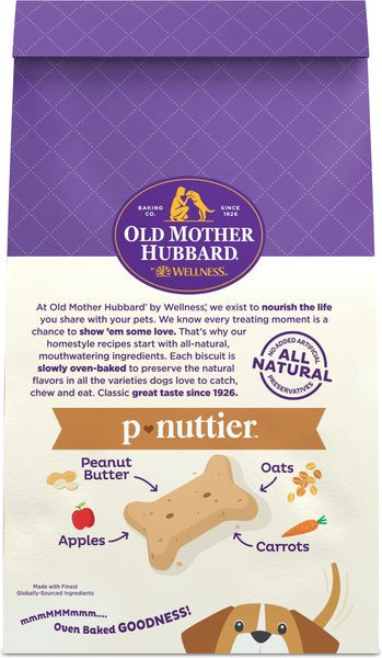 Bag of Old Mother Hubbard Classic P-Nuttier dog food with an image of a happy dog, emphasizing nutritious ingredients.