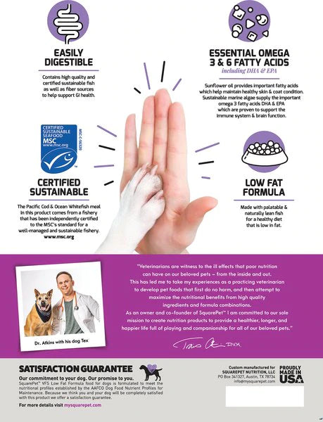 Informative poster on using a dog's paw, highlighting SquarePet VFS Digestive Support Low Fat Formula Dry Dog Food.