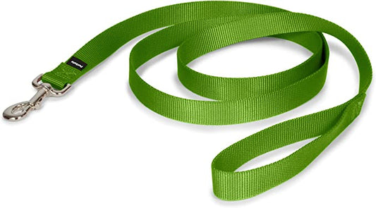 A green dog leash featuring a silver metal hook, designed for durability and style.