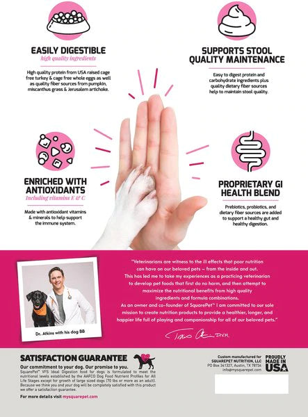 Detailed ingredients list for the amod food supplement, SquarePet VFS Skin & Digestive Support Dry Dog Food.