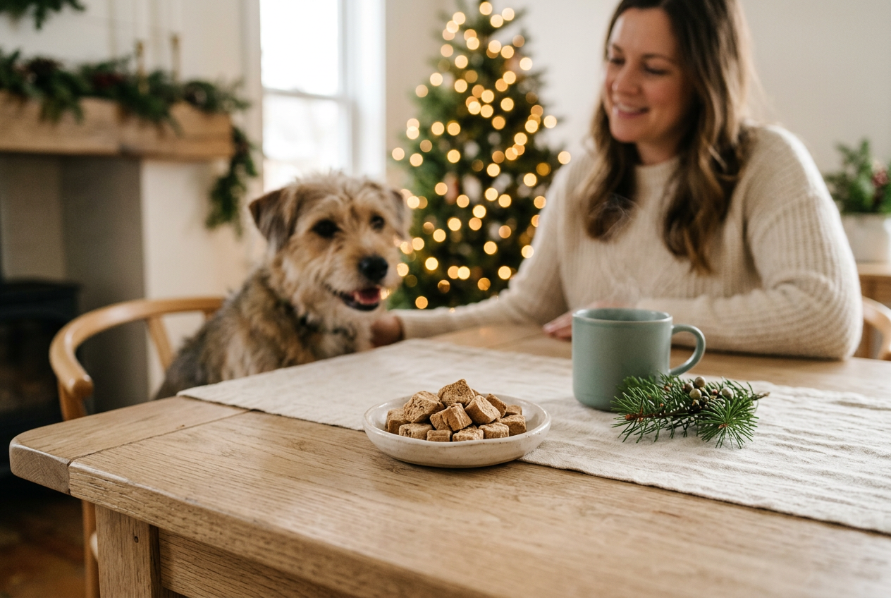 AI-generated editorial image of dog treats on a dish with a dog, owner and Christmas tree behind; not specific store products.