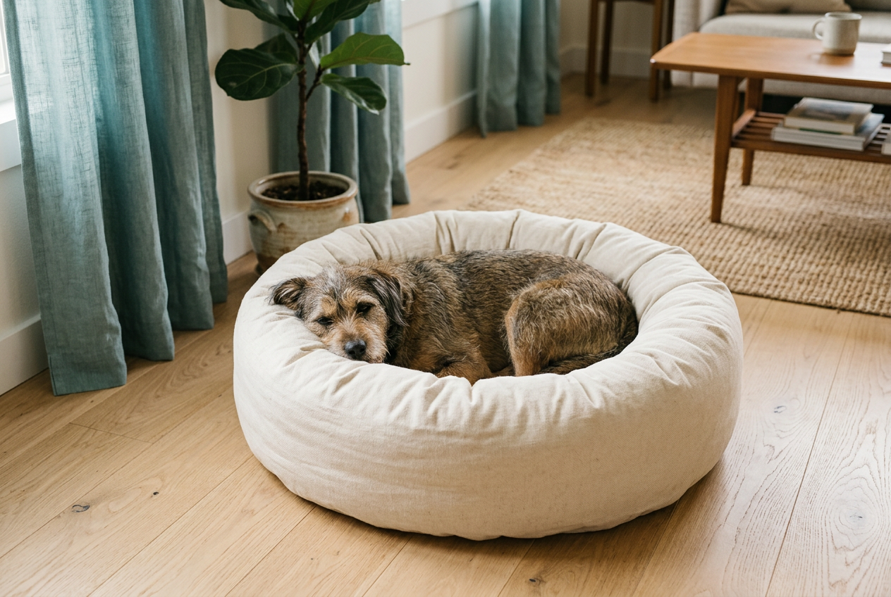 AI-generated editorial image of a dog curled in a round cream bolster bed; not a specific store product.