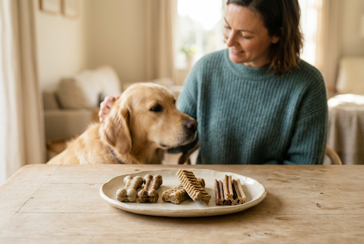 AI-generated editorial image of assorted dog dental chews on a plate with a dog and owner behind; not specific store products.