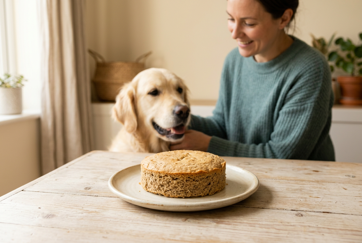 AI-generated editorial image of a plain celebration cake on a plate with a dog and owner behind; not a specific store product.