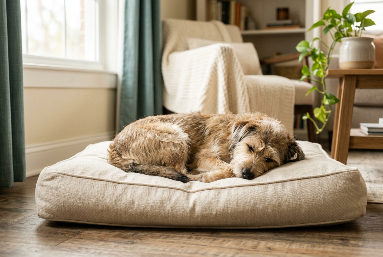 AI-generated editorial image of a scruffy dog curled up asleep on a cream dog bed in a sunlit room.