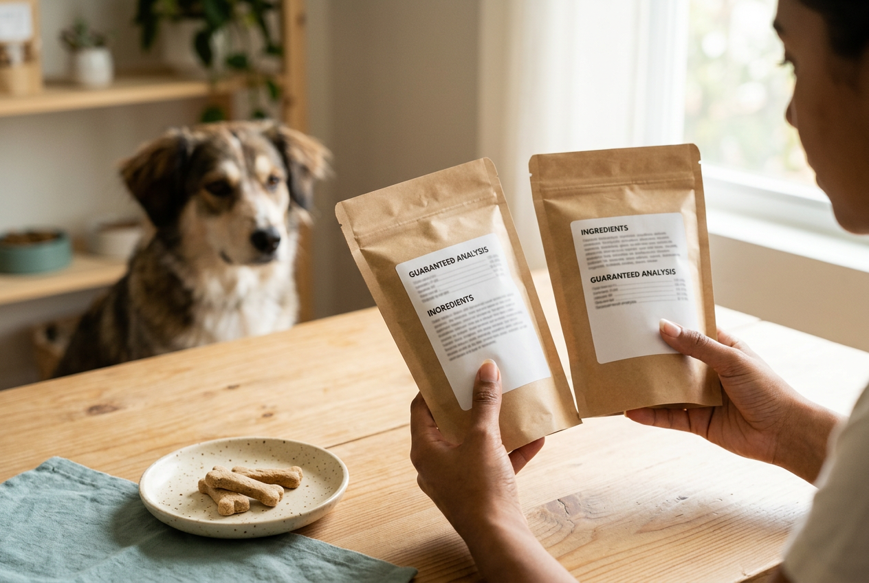 AI-generated editorial illustration of a person comparing two unbranded dog-treat labels while a dog watches.