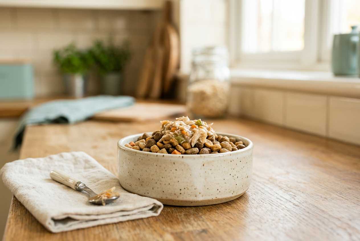 AI-generated editorial image of kibble with a moist food topper in a ceramic bowl; not a specific store product.