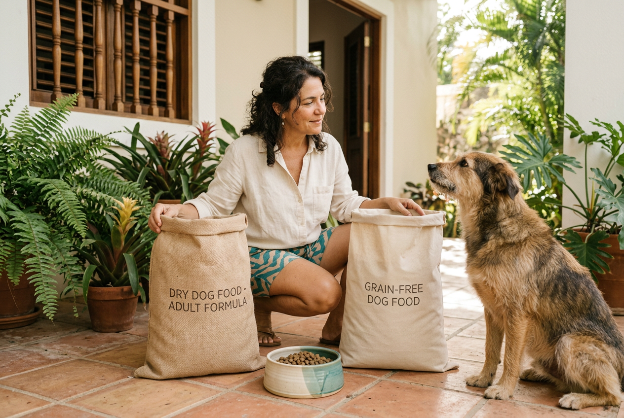 AI-generated editorial illustration of a person comparing generic dog-food bags beside a dog on a tropical patio; bags do not depict specific Dog World PR products.