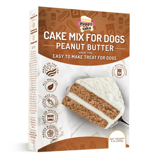 Box of peanut butter cake mix for dogs, designed for creating delicious homemade dog treats.
