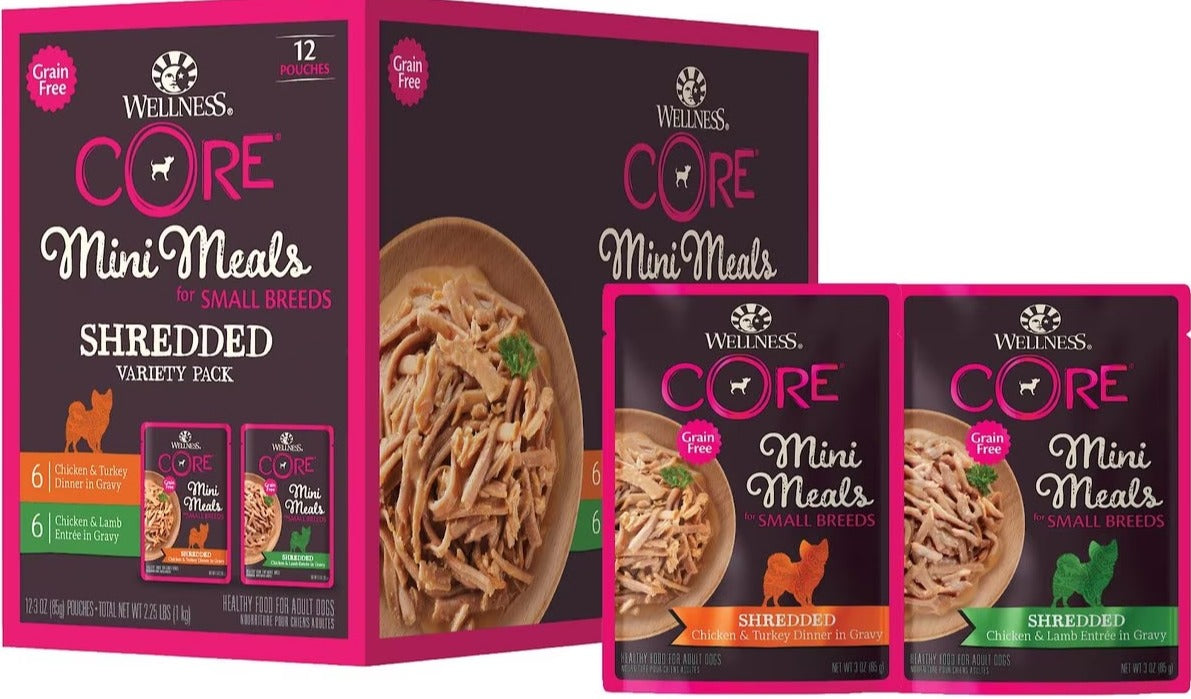 Wellness Core Mini Meals packaging showcasing shredded chicken and rice, ideal for healthy pet meals.