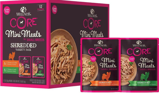Wellness Core Mini Meals packaging showcasing shredded chicken and rice, ideal for healthy pet meals.