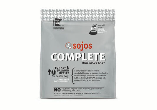 Sojos Complete Turkey & Rice dry dog food for seniors, featuring a turkey and salmon recipe for optimal nutrition