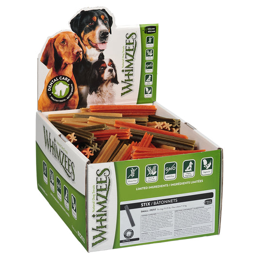 A box containing Whimzees Stix Small dog treats, showcasing unique shapes for dogs to chew and enjoy.