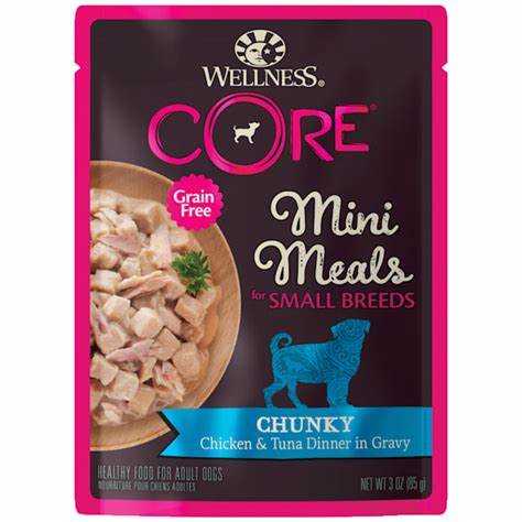 Wellness Core Mini Meals pouch featuring shredded chicken and rice for pet nutrition.
