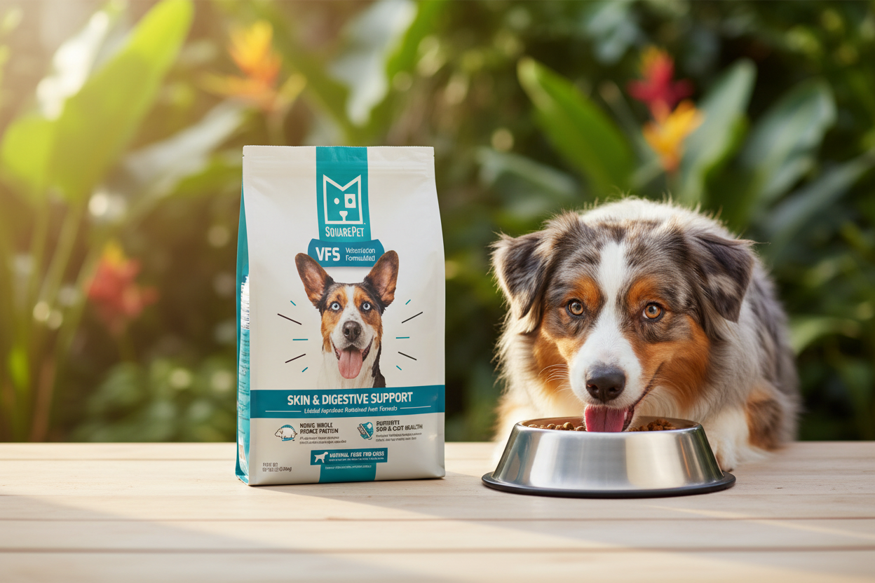 SquarePet VFS Skin & Digestive Support lifestyle photo with dog eating from bowl