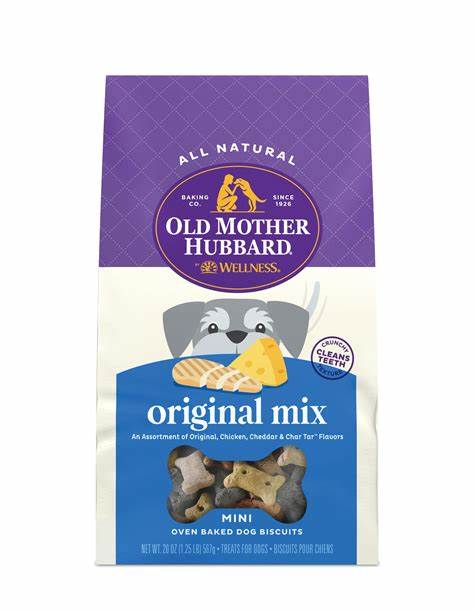 A pack of Old Mother Hubbard Classic Original Assortment Mini dog treats, featuring various flavors for dogs.