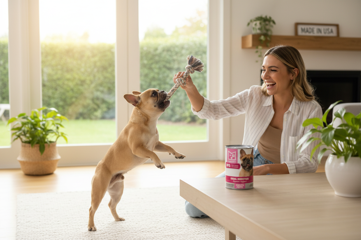 SquarePet Ideal Digestion Formula lifestyle image with happy dog
