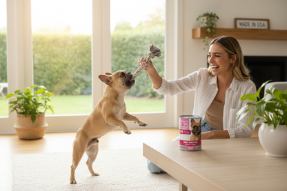 SquarePet Ideal Digestion Formula lifestyle image with happy dog