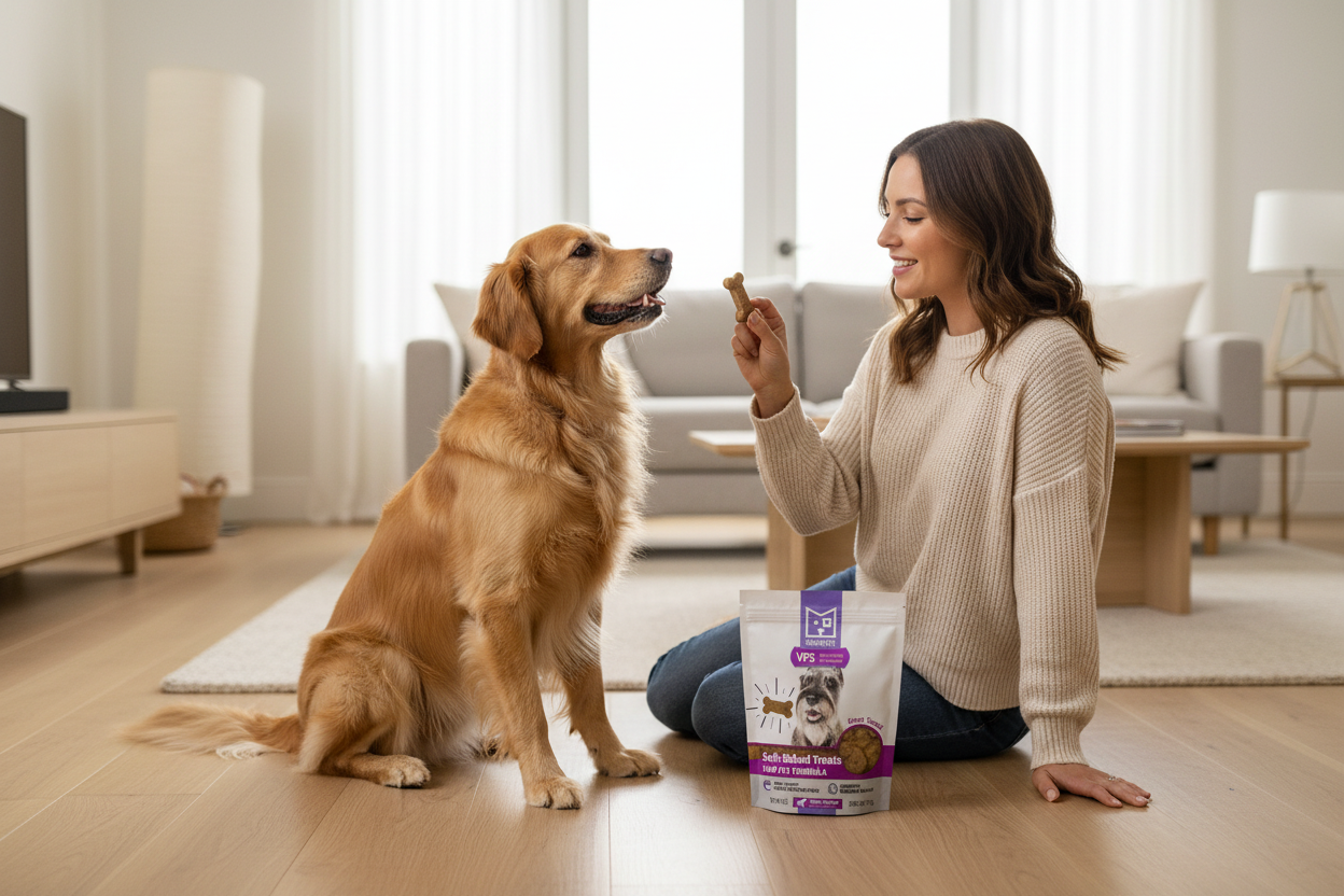 SquarePet VFS Low Fat Treats lifestyle image with happy dog and owner