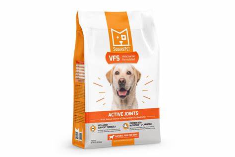 A bag of SquarePet VFS Active Joints dog food, formulated for hip and joint health in active canines.