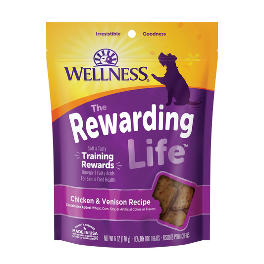 Rewarding Life dog treats made with chicken and venison, designed for pet wellness and enjoyment.