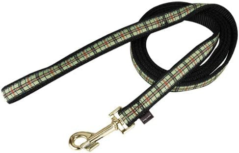 Black and green plaid dog leash with a gold hook, labeled as Preppy Puppy Leash