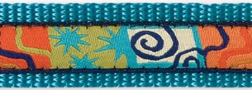 A blue and orange dog collar featuring a vibrant, colorful design.