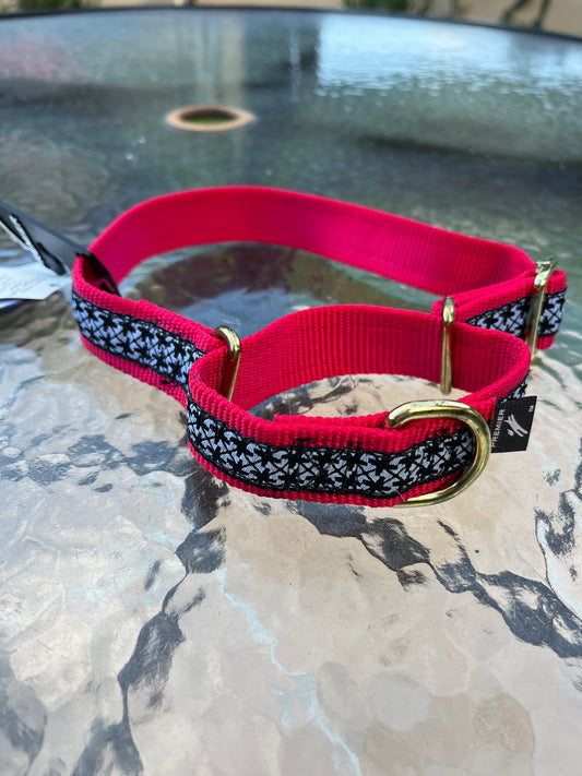 Red adjustable Martingale dog collar featuring black and white houndstooth patterns
