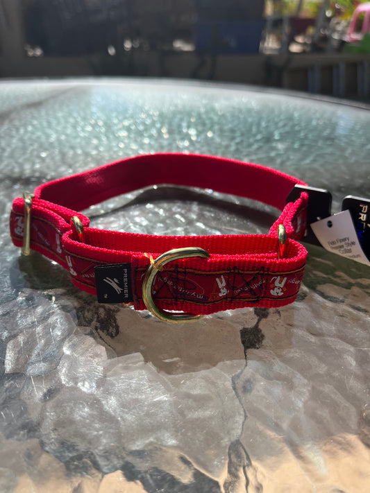 Adjustable Martingale collar in red with a gold buckle