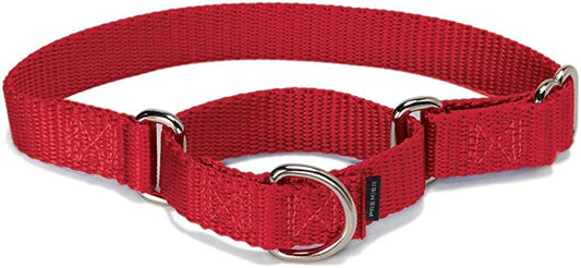 Red adjustable Martingale dog collar featuring two metal rings for secure fitting