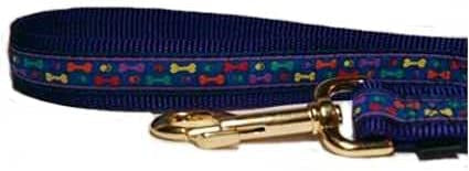 Blue dog leash showcasing colorful patterns, complemented by an adjustable Martingale collar with multicolor bone motifs