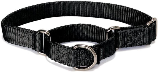 Black nylon Martingale collar, adjustable, equipped with two metal rings for secure and comfortable wear