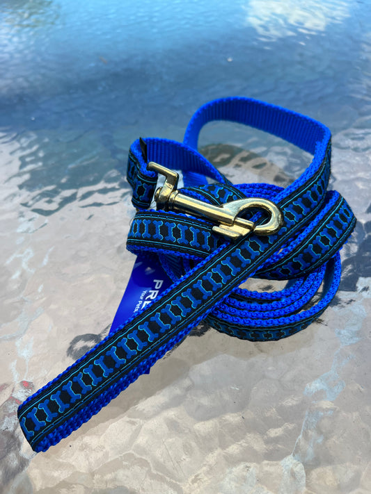 Blue Illusion Bones dog leash featuring a stylish gold buckle.