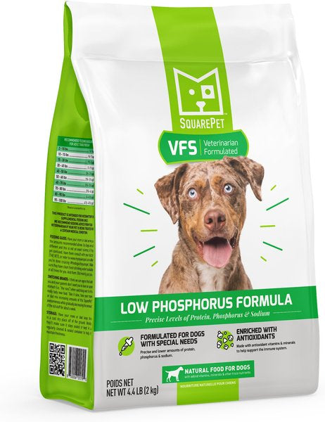 A bag of SquarePet VFS Low Phosphorus Formula dry dog food, suitable for dogs needing a low phosphorus diet.
