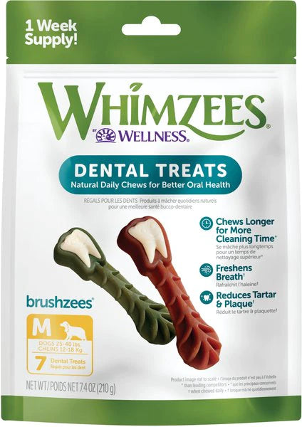 A pack of WHIMZEES dental chew treats for dogs, promoting dental hygiene with fun, unique shapes for chewing
