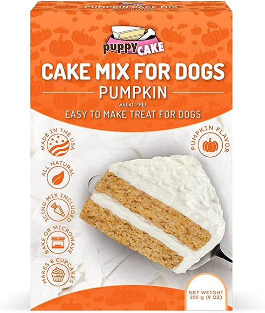 Puppy cake mix for dogs featuring pumpkin, ideal for celebrating a dog's birthday with a tasty treat